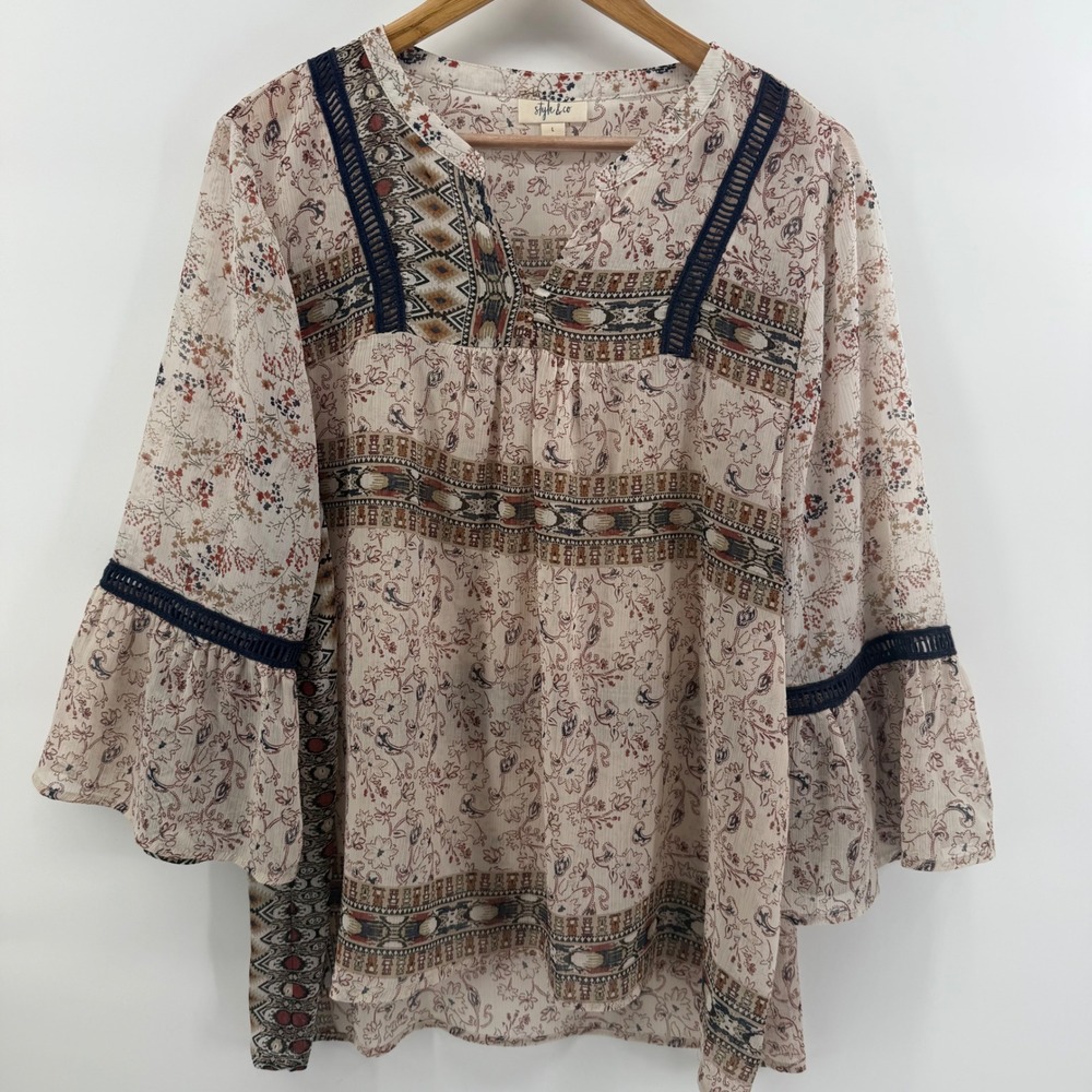 Style & Co Womens Boho Floral Geometric Bell Sleeve Blouse Cream Navy Size L